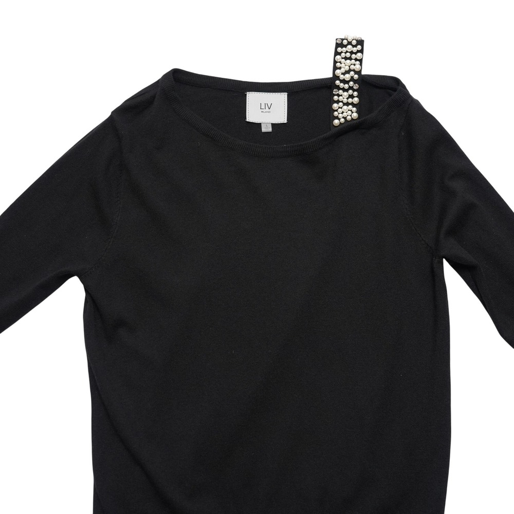 Liv Milano Sweater Women Large Black Beaded Pearl Shoulder Strap Pullover